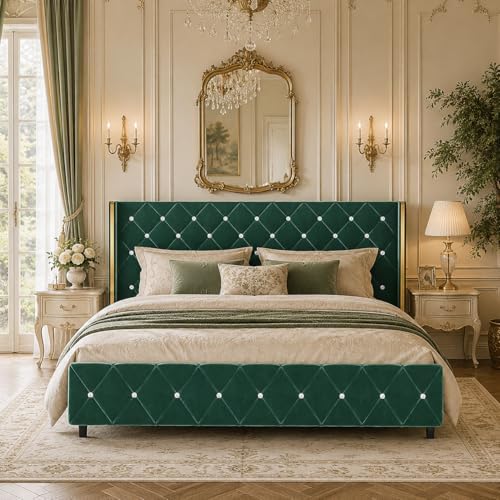 HOMBCK King Bed Frame with Velvet Headboard, Goldside Wingback, Green
