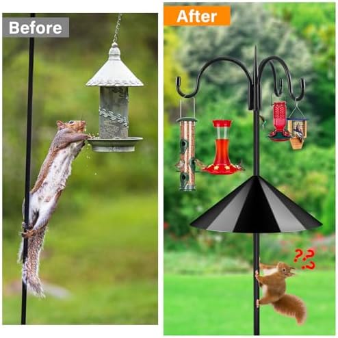 FEED GARDEN Heavy Duty Shepherds Hook Squirrel-Proof Bird Feeder Pole 92" Triple Hooks 5-Prong Base & 19" Baffle for Outdoor Feeders & Plants
