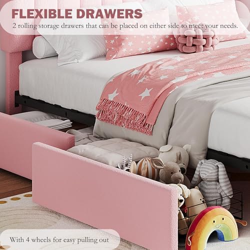 IDEALHOUSE Queen Bed Frame with 2 Flexible Drawers and Bookcase Headboard, Boucle Upholstered Platform Bed for Boys/Girls, Noise-Free, Easy Assembly, No Box Spring Needed, Pink