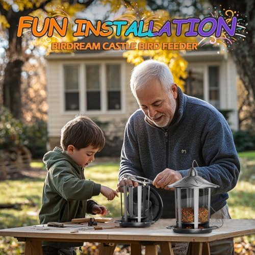 Birdream 4 Pack Bird Feeders for Outdoor Hanging, Assembly Required, 1-Min Easy Setup, Charming Castle Design, Attracting Cardinals Chickadees Goldfinches & Sparrows - Black