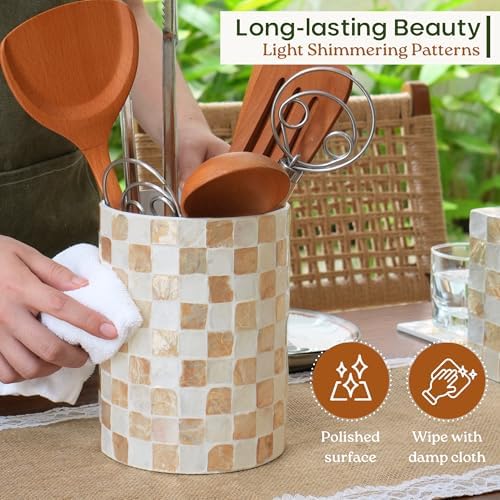 Chi An Home 7.4"+5.8" Capiz Ivory Checkered Cooking Utensil Holder Set 2