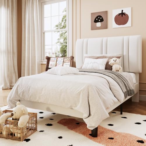 SHA CERLIN Twin Size Velvet Bed Frame with Adjustable Headboard, White