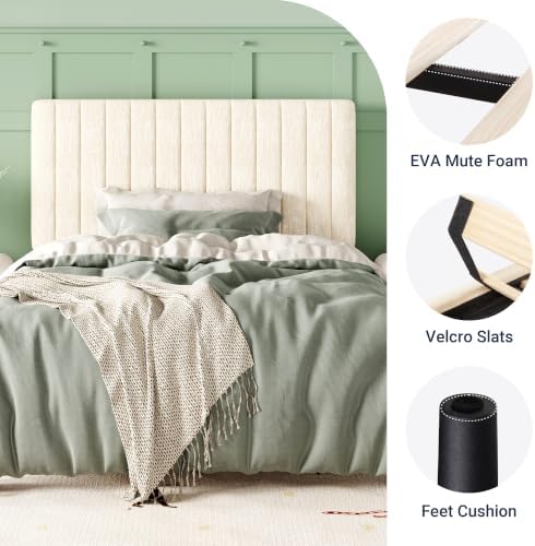 Allewie Twin Bed Frame, Upholstered Platform Bed with Adjustable Vertical Channel Tufted Headboard, Mattress Foundation with Strong Wooden Slats, Box Spring Optional, Easy Assembly, Cream White