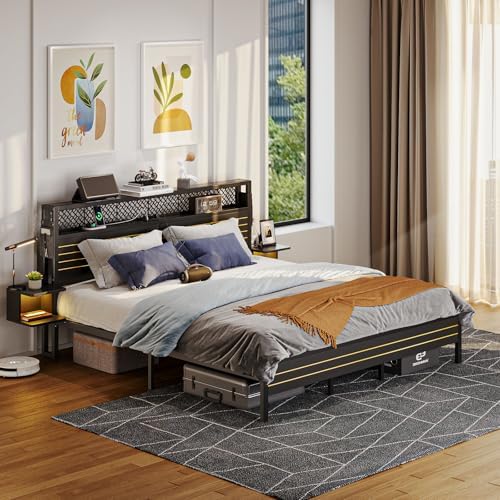 Bestier King Bed Frame with Horizontal Golden Stripe Storage Headboard&LED Nightstands, Metal Platform Bed with Charging Station, Heavy Duty Metal Slats, No Box Spring Needed, Noise Free(Matte Black)