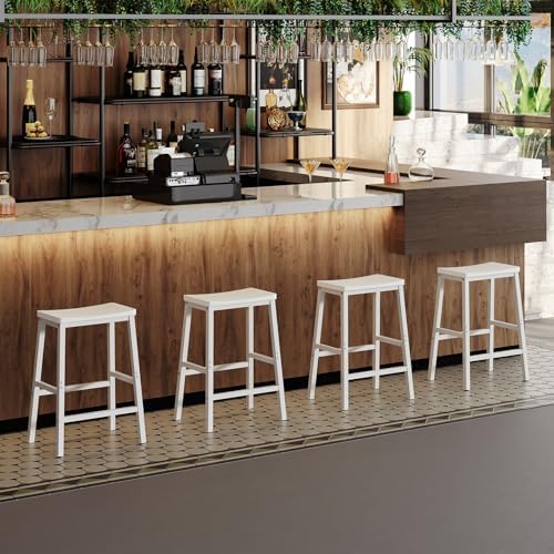 HOOBRO Bar Stools, Set of 2 Bar Chairs, 23.6 Inch Saddle Stools, Kitchen Counter Seat with Footrests, Industrial Barstools for Dining Room, Kitchen, Counter, Bar, White WW02MD01