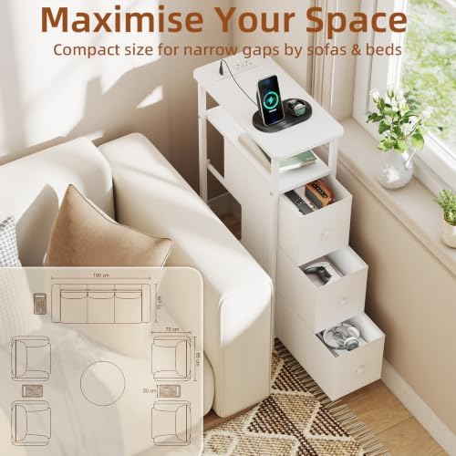 Somdot Narrow End Table with Charging Station, Side Table, 3 Drawers