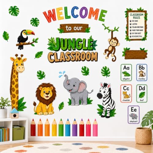 Welcome Animal Wall Stickers PVC Jungle Animal Wall Decals Tiger Elephant Giraffe Lion Monkey Wall Decor for Nursery Playroom Bedroom Classroom Kindergarten