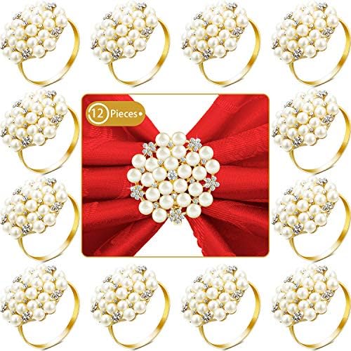 Hotop 36 Pcs Gold Napkin Rings Pearls Round Flower Napkin Buckles