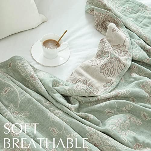 jinchan 100% Cotton Muslin Blanket Queen Boho Bed Blanket 80x90 Green/Beige