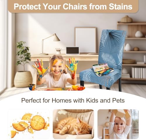 SearchI Summer Pattern Dining Room Chair Covers Set of 6, Stretch Printed Parsons Chair Slipcovers Spandex Removable Washable Kitchen Chair Protector Cover for Dining Room, Hotel, Ceremony (Blue)