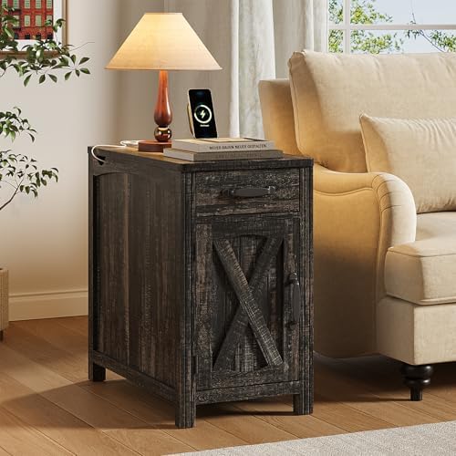 ONBRILL Farmhouse End Table with Charging Station,Dark Brown