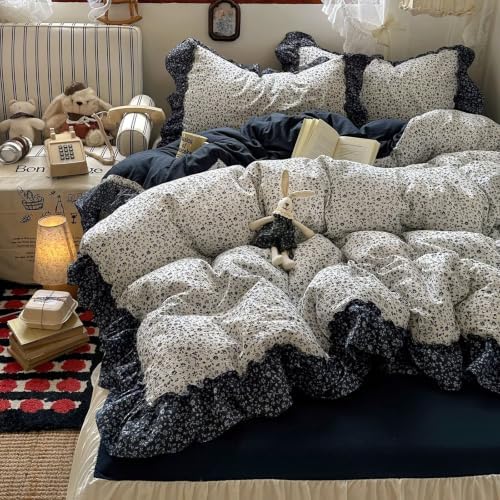Vintage Floral Duvet Cover Twin Size 3 Pcs,Ruffled Bedding 68"×86"