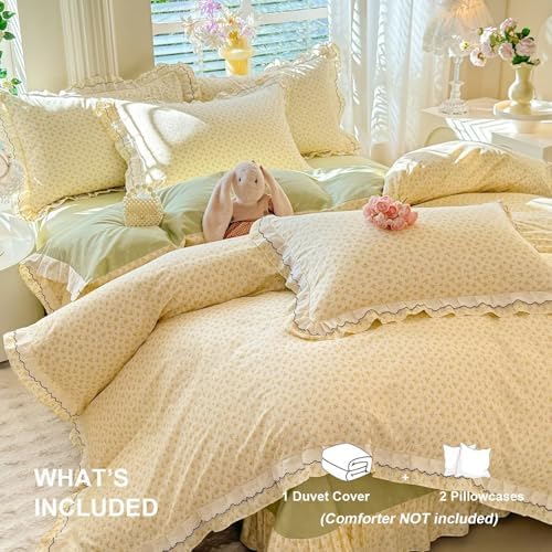 Yellow Floral Duvet Cover Set Twin Size 3 Pcs,100% Cotton Soft Comfy Flower Bedding Set with Lace Ruffles,Breathable Lightweight Comforter Covers with 2 Pillowcases 68"×86"