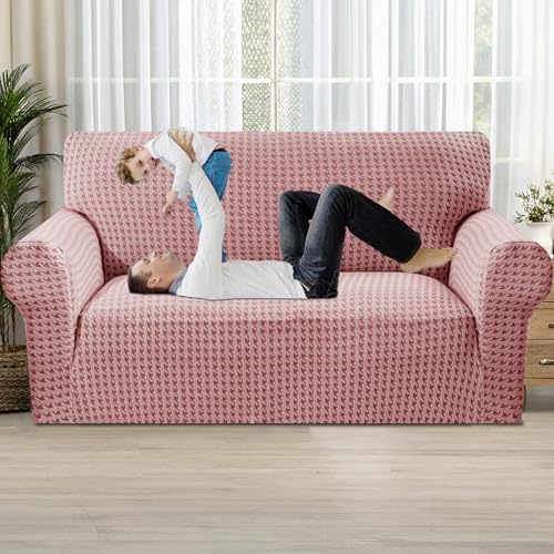 MAXIJIN Stretch Loveseat Couch Cover for 2 Cushion Couch (55"-69" Washable Sofa Slipcovers with Non-Slip Foam & Elastic Strap, Dog Cat Pet Friendly Furniture Protector (Medium, Pink)