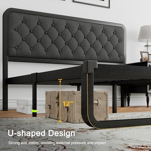 Einhomn Full Size Bed Frame with Linen Tufted Headboard, Heavy Duty Metal Platform Bed Frame with U-Shaped Foundation, 12" Underbed Space, Noise Free, No Box Spring Needed, Easy Assembly, Dark Grey