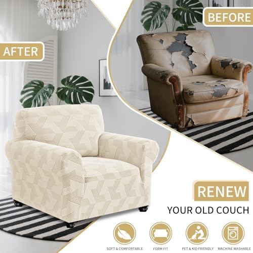 JIVINER Stretch Chair Covers, 1 Piece Couch Covers for Living Room, Non Slip Soft Sofa Covers, Washable Armchair Slipcovers for Dog, Pets Feature Geometrical Jacquard Fabric (Chair, Beige)