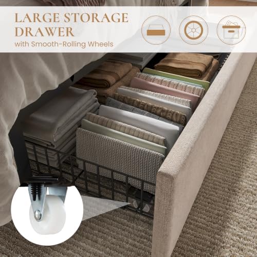 SHA CERLIN Full Size Bed Frame with Storage Drawer & LED Lights, Beige