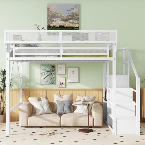 Queen Size Metal Loft Bed Frame with Convertible Staircase, Built-in Storage Shelves & Wardrobe, Loft Bed with Solid Slats & Guardrail, No Box Spring Required, Easy Assembly, for Bedroom, White