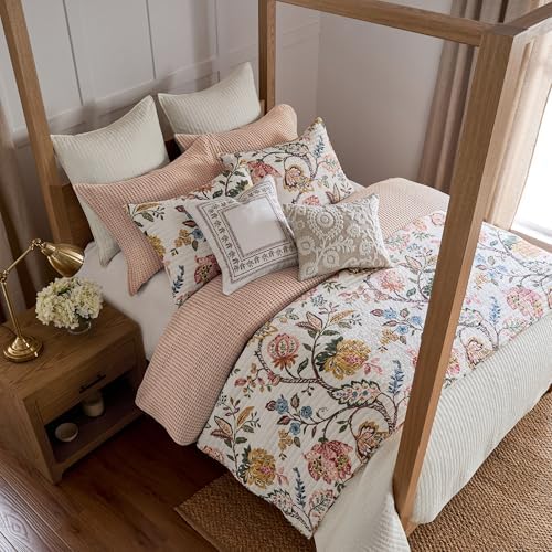 Levtex Home - Maileen Dusty Rose Quilt Set - Twin Quilt and One Standard Sham - Floral - Dusty Rose Ochre Blue Green Brown Off-White - Quilt (68x86in.) and Sham (20x26in.) - Reversible - Cotton