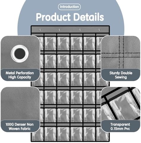 Kotkn 36 Pocket Charts for Classroom Cell Phones, 36 Clear Pocket Charts with Numbered Stickers, Classroom Hanging Cell Phone Organizer, Hangs on Wall, Door Storage Hooks (Gray)