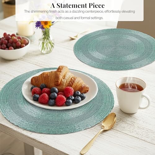 ALPHA Living HOME Beaded Placemats 13 Inch Aqua Round Glass Table Mats