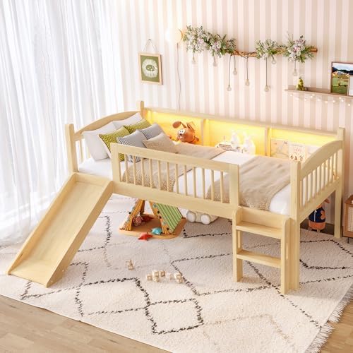 Bellemave Twin Loft Bed with Slide and Ladders, Solid Wood Low Loft Bed with Storage Shelves and LED Lights, Loftbed Frame for Kids, Boys, Girls, Childlike and No Box Spring Needed Design, Natural