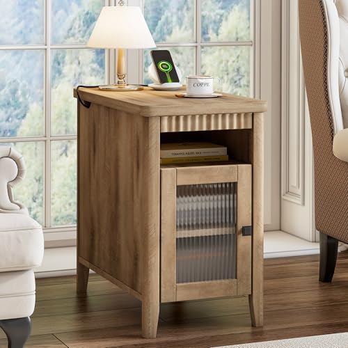iPormis End Table with Charging, Narrow Side Table for Living Room, Brown