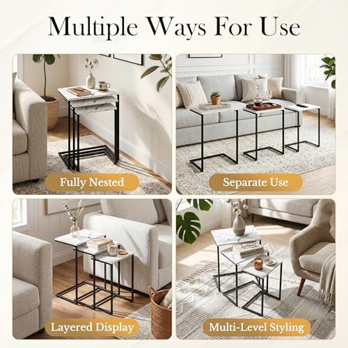 SUPER DEAL Nesting Tables Set of 3, Industrial C Shaped End Table Stackable Coffee Table Heavy Duty Metal Frame for Small Space, Living Room, Bedroom, Side Table Tray for Laptop Snack, White