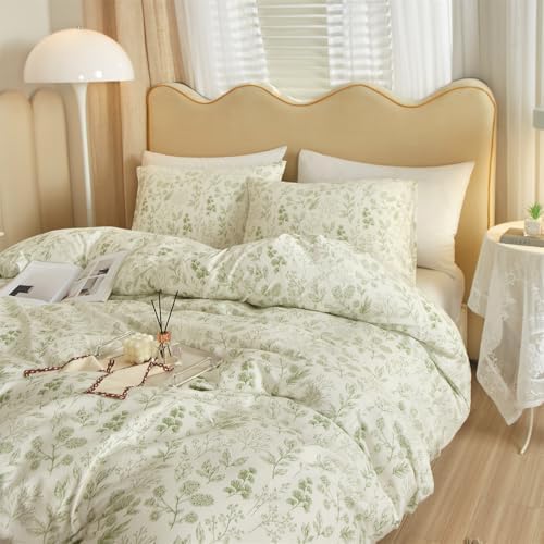 mixinni Girls Boho Green Floral Duvet Cover Set Twin Size Cotton Soft Aesthetic Cute Flowers Leaves Pattern Bedding Comforter Cover, 1 Queen Duvet Cover with 2 Pillowcases for All Seasons