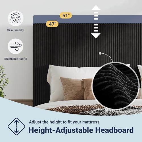 Allewie Queen Bed Frame, Corduroy Tufted Headboard, Black