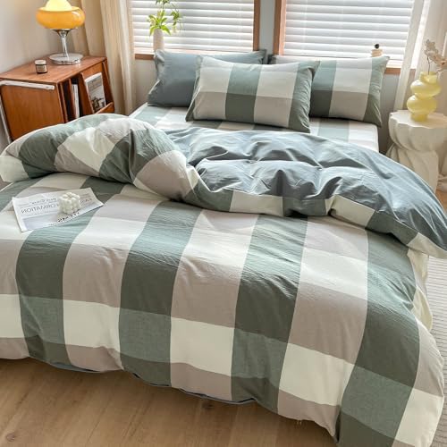 AOJIM Green Plaid Duvet Cover 3-Piece Set Soft Breathable 100% Washed Cotton Reversible Bedding Set Farmhouse Vintage Comforter Cover and 2 Pillowcases Neutral Zipper Bedding Duvet Cover Set King Size