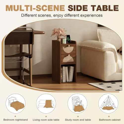 Narrow Nightstand Set of 2 (Rattan & Wood) - Small Bedside Table with 2 Drawers, Open Shelf, Mid Century Modern End Table - for Bedroom, Living Room & Small Spaces, Walnut