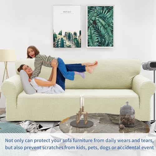 ZNSAYOTX 1 Piece Jacquard Couch Covers for 2 Cushion Couch High Stretch Loveseat Slipcover for Pets Dogs Anti Slip Love Seat Sofa Slipcover Furniture Protector (Medium,New Pattern Light Beige)