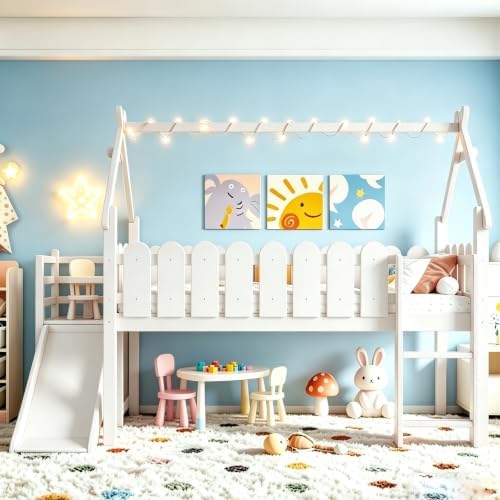 Bellemave Low Loft Bed Twin with Slide and Lights Strip for Kids, White