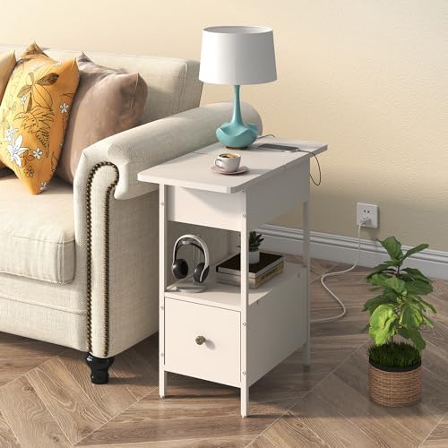 SOOWERY End Table with Charging Station, Narrow Side Table for Living Room