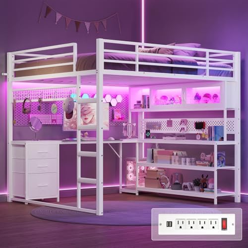 ADORNEVE Loft Bed Full Size with Gaming Desk, Arcylic RGB Hutch, White