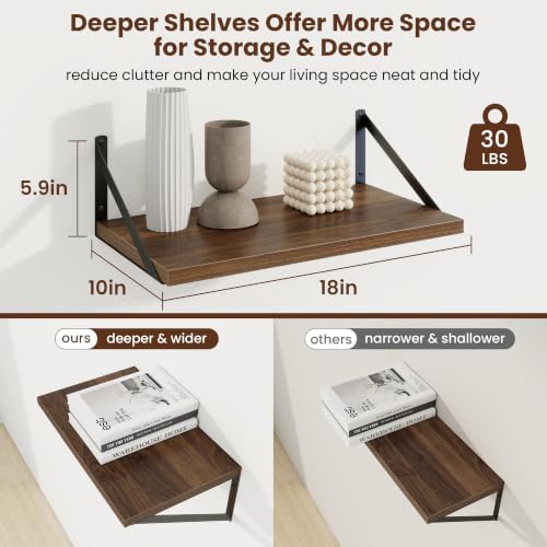 Axeman Deep Floating Shelves, 18'' x 10'' Walnut Wall Shelves Set of 2