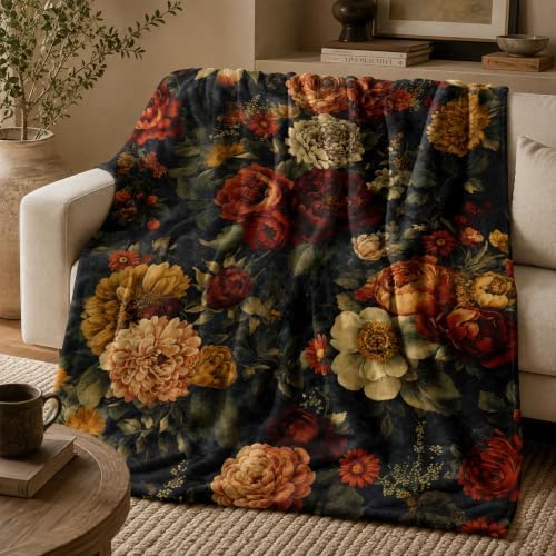Vintage Floral Blanket, Dark Botanical Flannel Throw 50x60 Inch