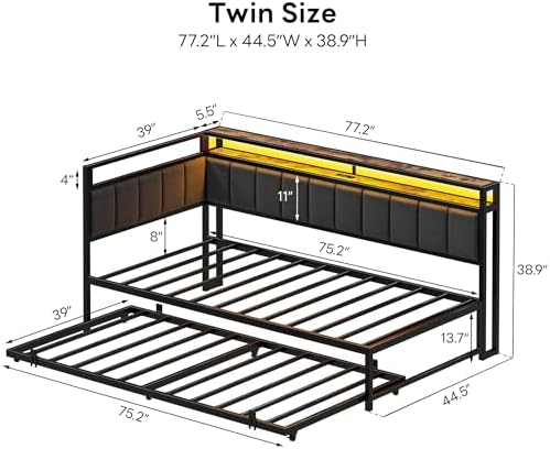 LIKIMIO Twin Daybed with Trundle, Charging Station & LED, Black