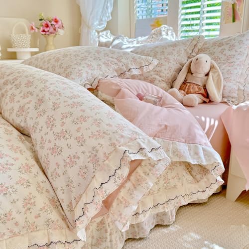 mixinni Country Floral Duvet Cover Set Twin XL Size – 100% Cotton Cottagecore Bedding with Double Layer Ruffle Lace & Black Lace Trim, Shabby Chic Reversible Farmhouse Style Comforter Cover 3-Piece