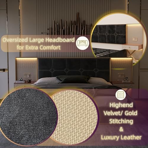 KEIKI Queen Upholstered Bed Frame with Floating Nightstands, Reading Lights