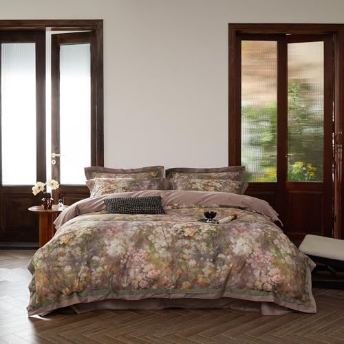 Garden Flower Duvet Cover Set Queen,3 Pieces Pink Floral Duvet Cover with 2 Pillow Shams Smooth Silky Long Staple Cotton Bedding Set-Queen,90x90 Inch