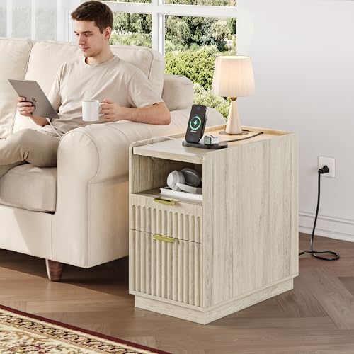 iPormis Fluted Narrow End Table Set of 2 with Charging & 2 Drawers, Natural