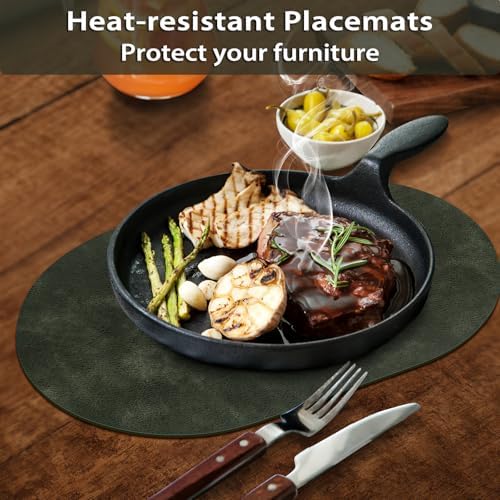 ADRIMER Oval Placemats Set of 6, Wipeable Faux Leather, Olive Green