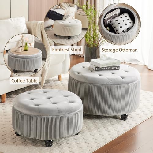 29'' & 24.5'' Round Storage Ottoman Coffee Table Set of 2, Light Gray