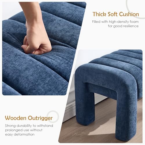 43.3" Bedroom Bench, Upholstered Entryway Bench, Modern End of Bed Ottoman with Solid Wood Legs and Adjustable Foot Pegs for Entryway, Dining Room and Living Room (Blue Chenille)