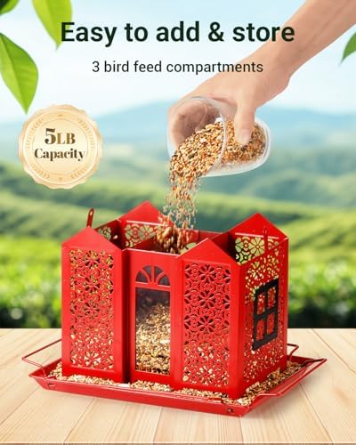 HouseSapp Bird Feeders for Outdoors, Metal Mesh Wild Bird Feeder with Triple Feeders for Finch Cardinal Chickadee, Large Capacity, Weatherproof and Durable, Red