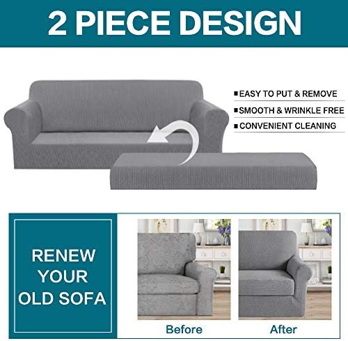 Turquoize Stretch Sofa Slipcover 2 Pieces Sofa Cover Couch Cover for 3 Cushion Couch Washable Furniture Protector Covers with Elastic Bottom Feature Thick Jacquard Fabric (Sofa, Dove)