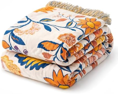100% Cotton Boho Throw Blanket for Home Decor – Classic Farmhouse Quilt Bedding, Muslin Blankets for Adults, Vintage Woven Decorative Blanket for Couch, Bed Layering Use, Botanic Floral, 104"x90"