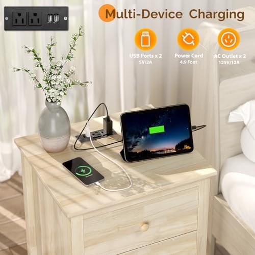 VINGLI Unfinished Rubber Wood Nightstands Set of 2 for Color DIY, 18.54" W Nightstand with Charging Station, 3 Drawer Nightstand, Real Wood Night Stands/Bed Side Table/End Table for Bedroom